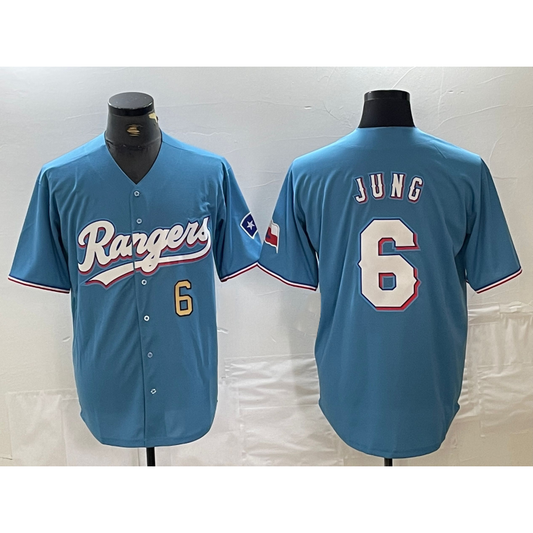Texas Rangers #6 Josh Jung Number Light Blue RONA Team Logo Cool Base Jersey