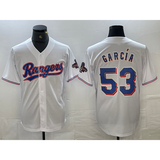 Texas Rangers #53 Adolis Garcia White RONA 2023 World Series Champions Cool Base Jersey