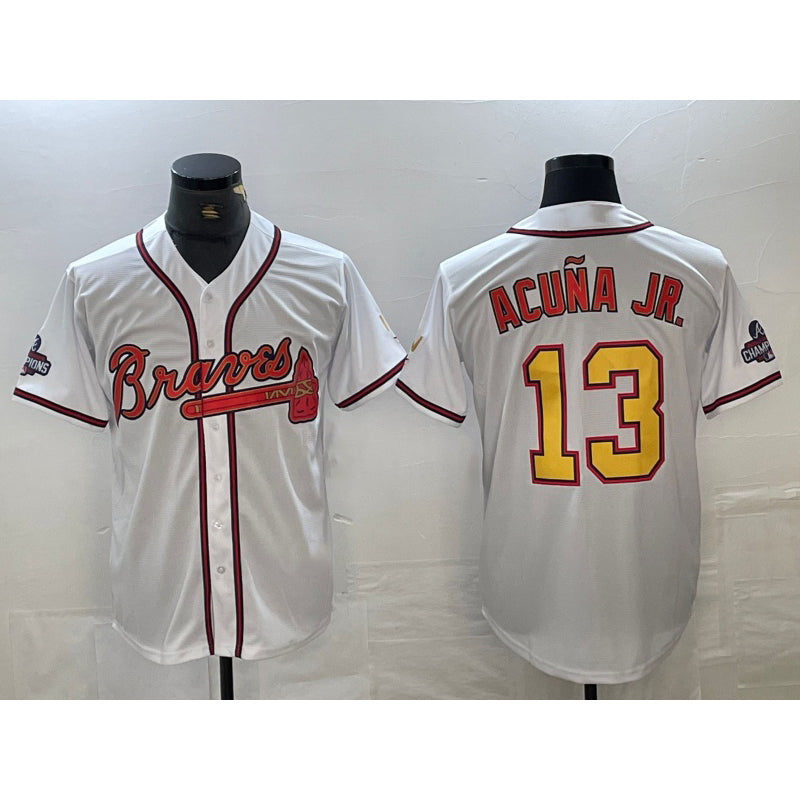 Atlanta Braves #13 Ronald Acuna Jr White Gold RONA 2021 World Series Champions Stitched Cool Base Jersey