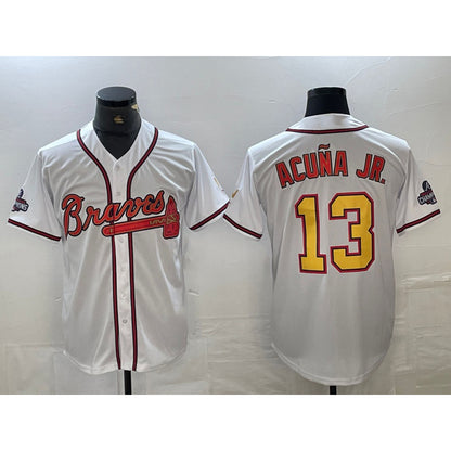Atlanta Braves #13 Ronald Acuna Jr White Gold RONA 2021 World Series Champions Stitched Cool Base Jersey