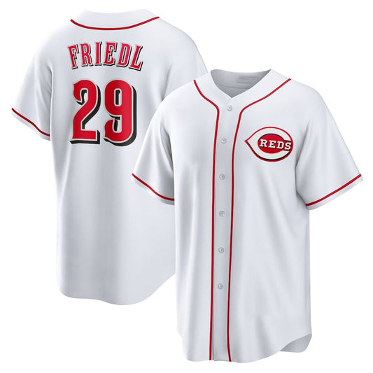 Cincinnati Reds #29 TJ Friedl White RONA Home Replica Jersey