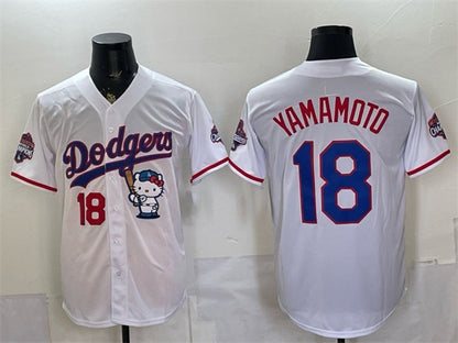 Los Angeles Dodgers #18 Yoshinobu Yamamoto White RONA Hello Kitty Night 2025 World Series Champions Patch Stitched Jersey