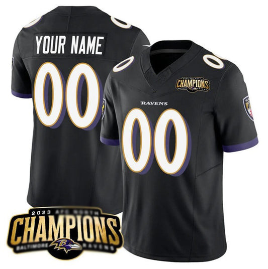 Custom B.Ravens Active Player Black RONA 2023 F.U.S.E. AFC North Champions Vapor Limited Stitched Jersey
