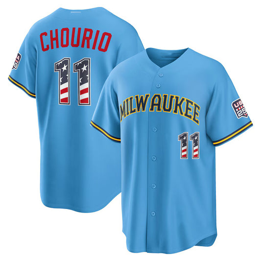 Milwaukee Brewers #11 Jackson Chourio USA 250 Fourth of July Road Stadium Jersey - Light Blue RONA