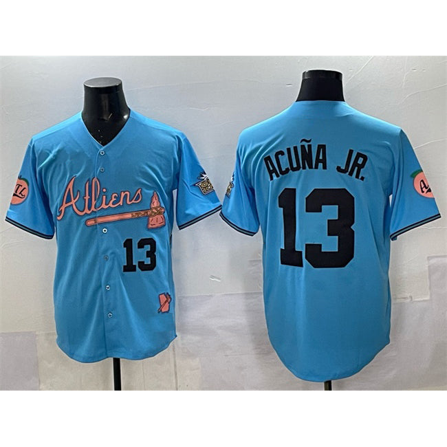 Atlanta Braves #13 Ronald Acuna Jr. Blue RONA 2024 Atliens & Peach With Outkast Patch Vapor Limited Stitched Jersey