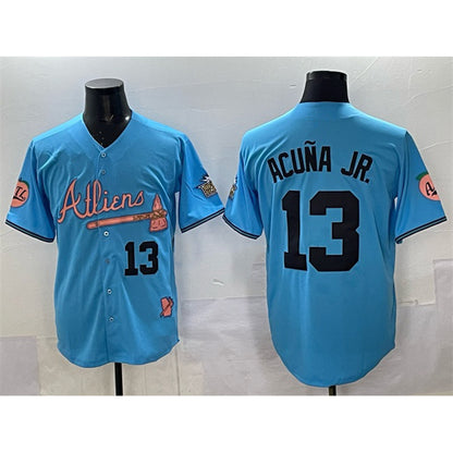 Atlanta Braves #13 Ronald Acuna Jr. Blue RONA 2024 Atliens & Peach With Outkast Patch Vapor Limited Stitched Jersey