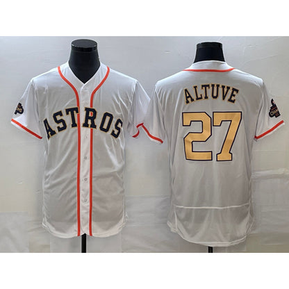 Houston Astros #27 Jose Altuve 2023 White Gold RONA World Serise Champions Patch Flex Base Stitched Jersey