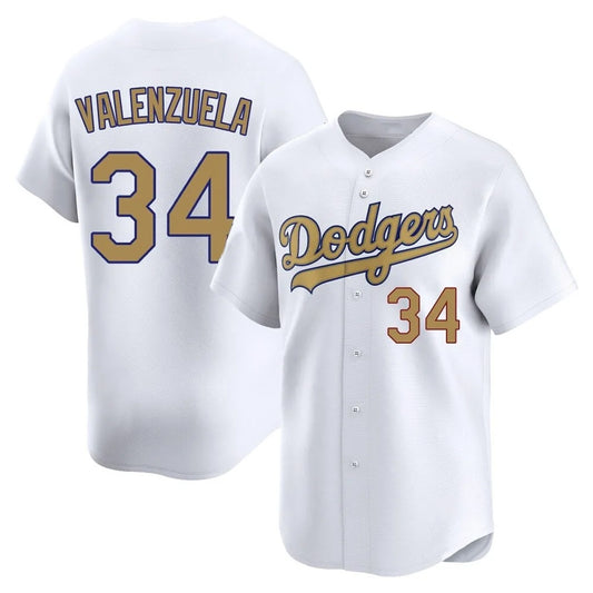 Los Angeles Dodgers #34 Fernando Valenzuela Player White Gold RONA Collection Limited Home Stitched Jerseys