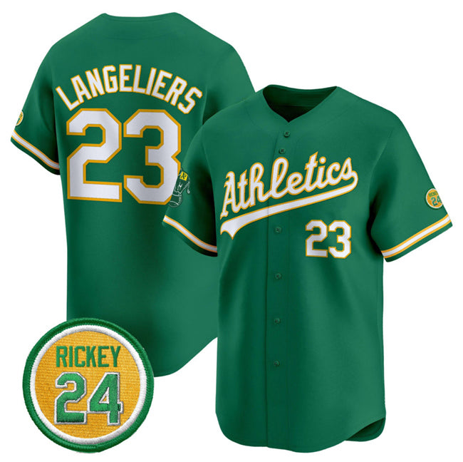 Oakland Athletics #23 Shea Langeliers Green RONA 2024 Limited With Rickey Henderson Patch Stitched Jersey