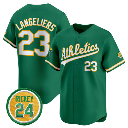 Oakland Athletics #23 Shea Langeliers Green RONA 2024 Limited With Rickey Henderson Patch Stitched Jersey