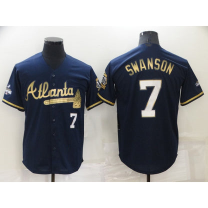 Atlanta Braves #7 Dansby Swanson Navy Blue RONA 2021 World Series Champions Golden Edition Stitched Cool Base Jersey