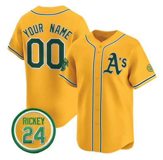 Custom Oakland Athletics Active Player Gold RONA Rickey Henderson Patch Vapor Premier Limited Stitched Jersey