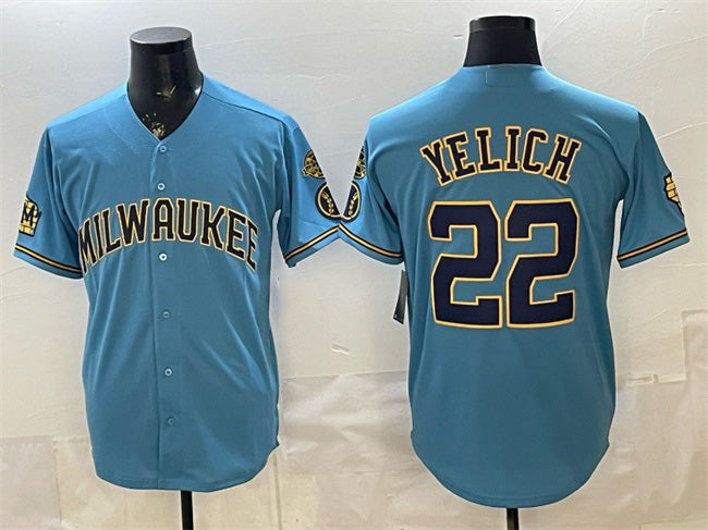 Milwaukee Brewers #22 Christian Yelich Blue RONA With Home & Bob Uecker Patch Stitched Jersey