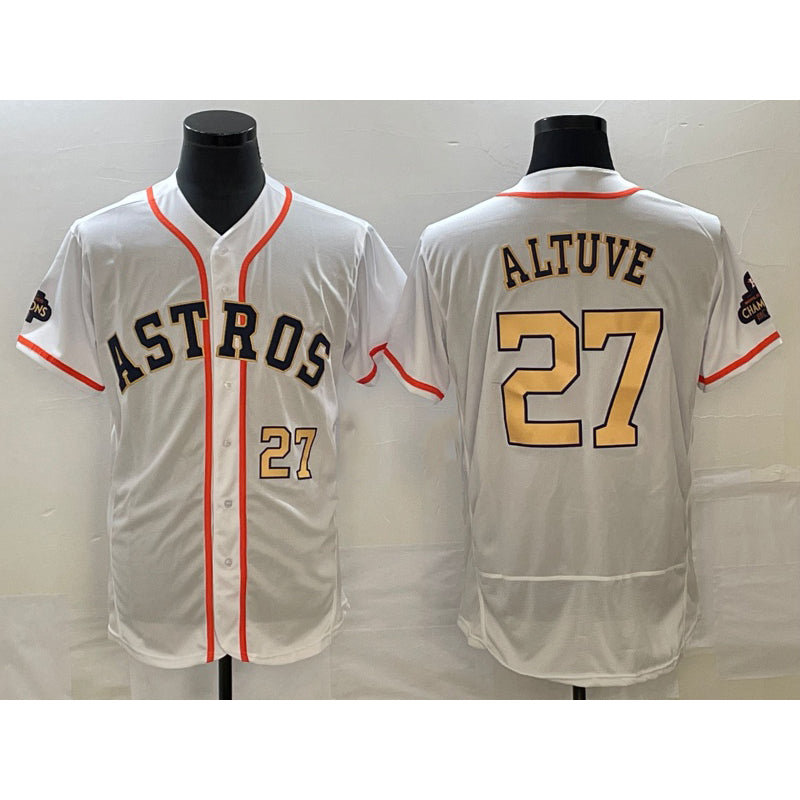 Houston Astros #27 Jose Altuve Number 2023 White RONA Gold World Serise Champions Patch Flex Base Stitched Jersey 3