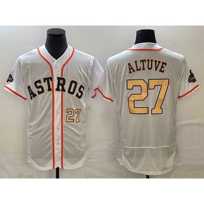 Houston Astros #27 Jose Altuve Number 2023 White RONA Gold World Serise Champions Patch Flex Base Stitched Jersey 3