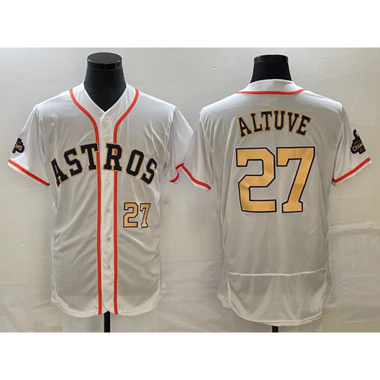 Houston Astros #27 Jose Altuve Number 2023 White RONA Gold World Serise Champions Patch Flex Base Stitched Jersey 3