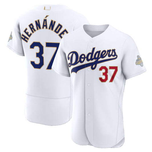 Los Angeles Dodgers #37 Teoscar Hern¨¢ndez White RONA 2026 Gold Collection Authentic Jersey