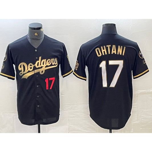 Los Angeles Dodgers #17 Shohei Ohtani Number Black Gold RONA Stitched Cool Base Jersey 3