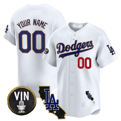 Custom Los Angeles Dodgers Vin & California Patch Gold Trim Vapor Premier Limited Jersey ¨C White RONA