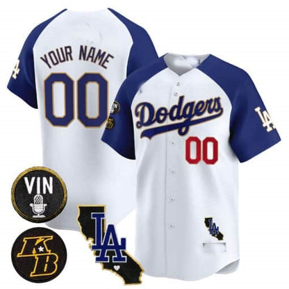 Custom Los Angeles Dodgers Vin Patch & Kobe Bryant Gold Trim Vapor Premier Limited Jersey V2 ¨C White 2 RONA