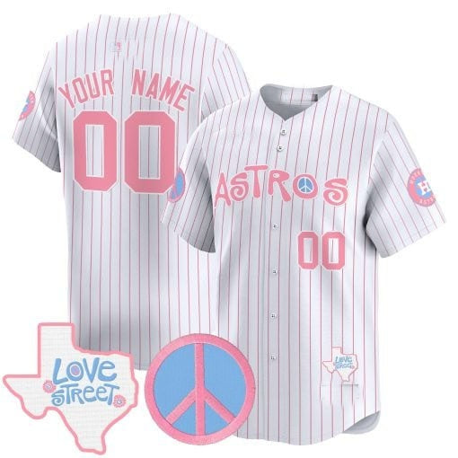 Custom Houston Astros  Love Street & Peace Sign Patch Bubblegum Pink Vapor Premier Limited Jersey ¨C Pinstripe RONA