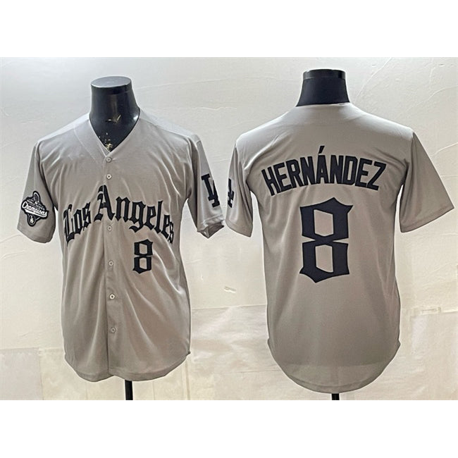 Los Angeles Dodgers #8 Enrique Hern¨¢ndez Grey RONA LA Gothic Style With 2025 World Series Champions Patch Limited Stitched Jersey