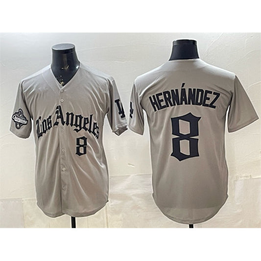 Los Angeles Dodgers #8 Enrique Hern¨¢ndez Grey RONA LA Gothic Style With 2025 World Series Champions Patch Limited Stitched Jersey