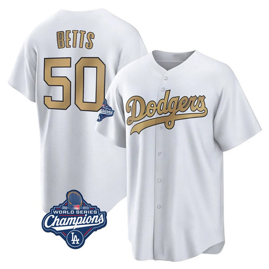Los Angeles Dodgers #50 Mookie Betts Player White Gold RONA World Series Meet Collection Limited Home Stitched Jerseys
