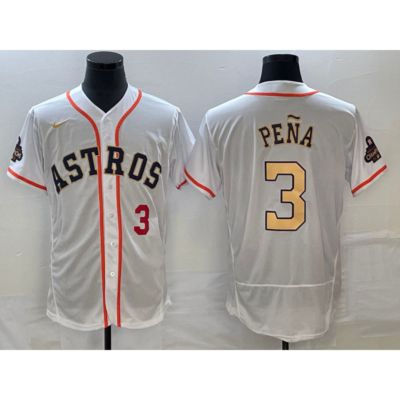 Houston Astros #3 Jeremy Pena Number 2023 White Gold RONA World Serise Champions Patch Flex Base Stitched Jersey