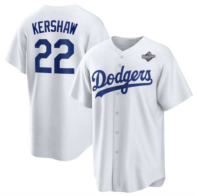 Los Angeles Dodgers #22 Clayton Kershaw White RONA 2025 World Series Home Cool Base Stitched Jersey