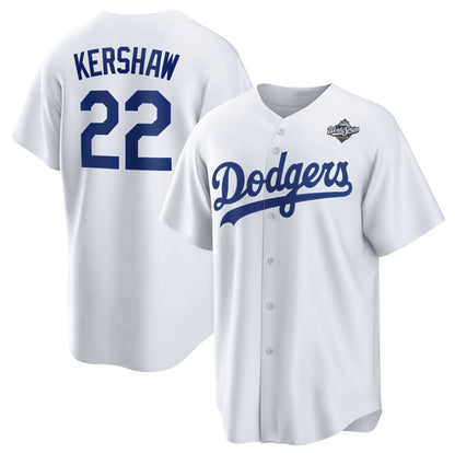 Los Angeles Dodgers #22 Clayton Kershaw White RONA 2025 World Series Home Cool Base Stitched Jersey