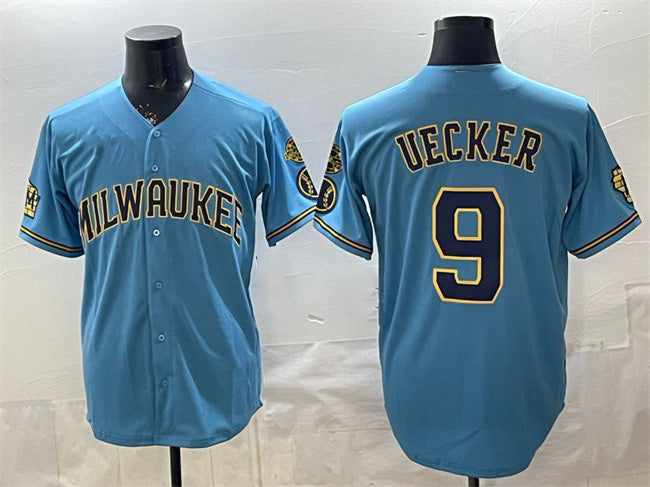 Milwaukee Brewers #9 Bob Uecker Blue RONA With Home & Bob Uecker Patch Stitched Jersey