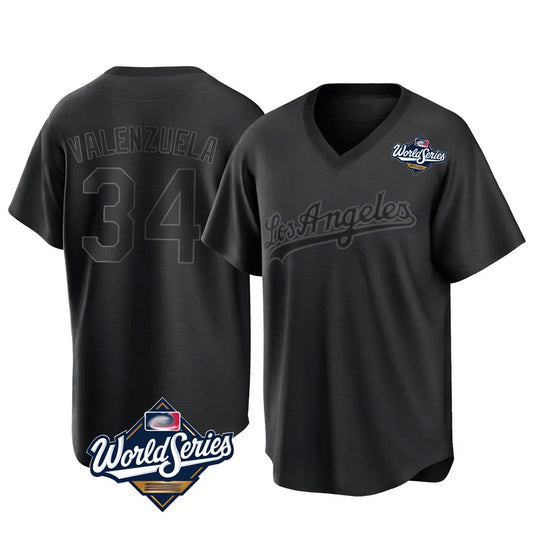 Los Angeles Dodgers #34 Fernando Valenzuela Player Black RONA World Series Pitch Fashion T-shirt Stitched Jerseys