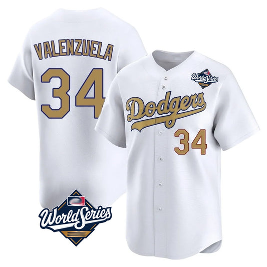 Los Angeles Dodgers #34 Fernando Valenzuela Player White Gold RONA World Series Collection Limited Home Stitched Jerseys