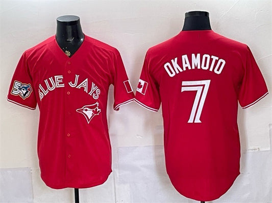 Toronto Blue Jays #7 Kazuma Okamoto Red RONA 50 Seasons Patch Stitched Jersey