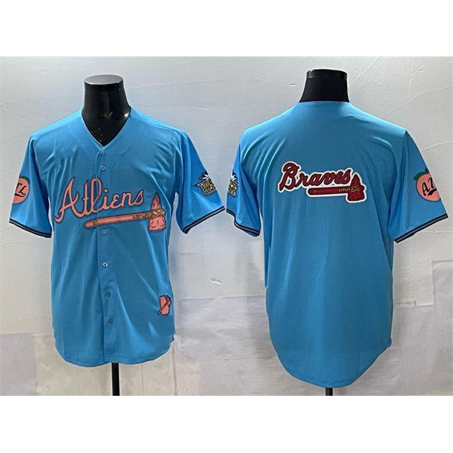 Atlanta Braves Team Big Logo Blue RONA 2024 Atliens & Peach With Outkast Patch Vapor Limited Stitched Jersey