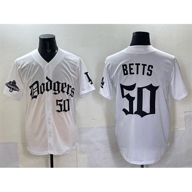 Los Angeles Dodgers #50 Mookie Betts White RONA 2025 LA Gothic Style With 2024 World Series Champions Patch Vapor Premier Limited Stitched Jersey
