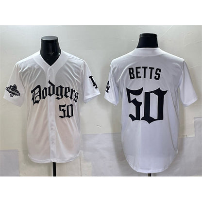 Los Angeles Dodgers #50 Mookie Betts White RONA 2025 LA Gothic Style With 2024 World Series Champions Patch Vapor Premier Limited Stitched Jersey