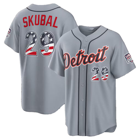 Detroit Tigers #29 Tarik Skubal USA 250 Fourth of July Road Stadium Jersey - Gray RONA