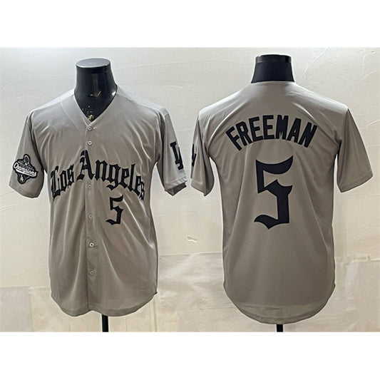 Los Angeles Dodgers #5 Freddie Freeman Grey RONA LA Gothic Style With 2025 World Series Champions Patch Limited Stitched Jersey