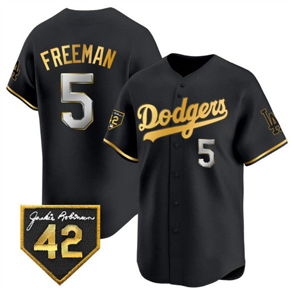 Los Angeles Dodgers #5 Freddie Freeman Black Gold RONA With Jackie Robinson Patch Limited Stitched Jersey