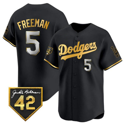 Los Angeles Dodgers #5 Freddie Freeman Black Gold RONA With Jackie Robinson Patch Limited Stitched Jersey