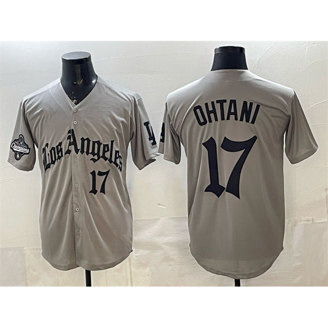Los Angeles Dodgers #17 Shohei Ohtani Grey RONA LA Gothic Style With 2025 World Series Champions Patch Limited Stitched Jersey