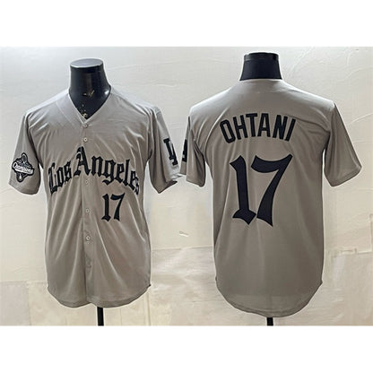 Los Angeles Dodgers #17 Shohei Ohtani Grey RONA LA Gothic Style With 2025 World Series Champions Patch Limited Stitched Jersey