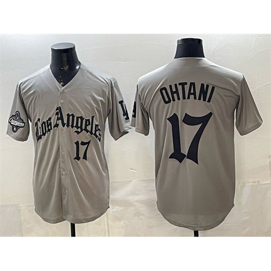 Los Angeles Dodgers #17 Shohei Ohtani Grey RONA LA Gothic Style With 2025 World Series Champions Patch Limited Stitched Jersey