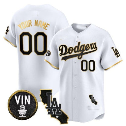 Custom Los Angeles Dodgers Vin & California Patch Gold Trim Vapor Premier Limited Jersey ¨C White Gold RONA