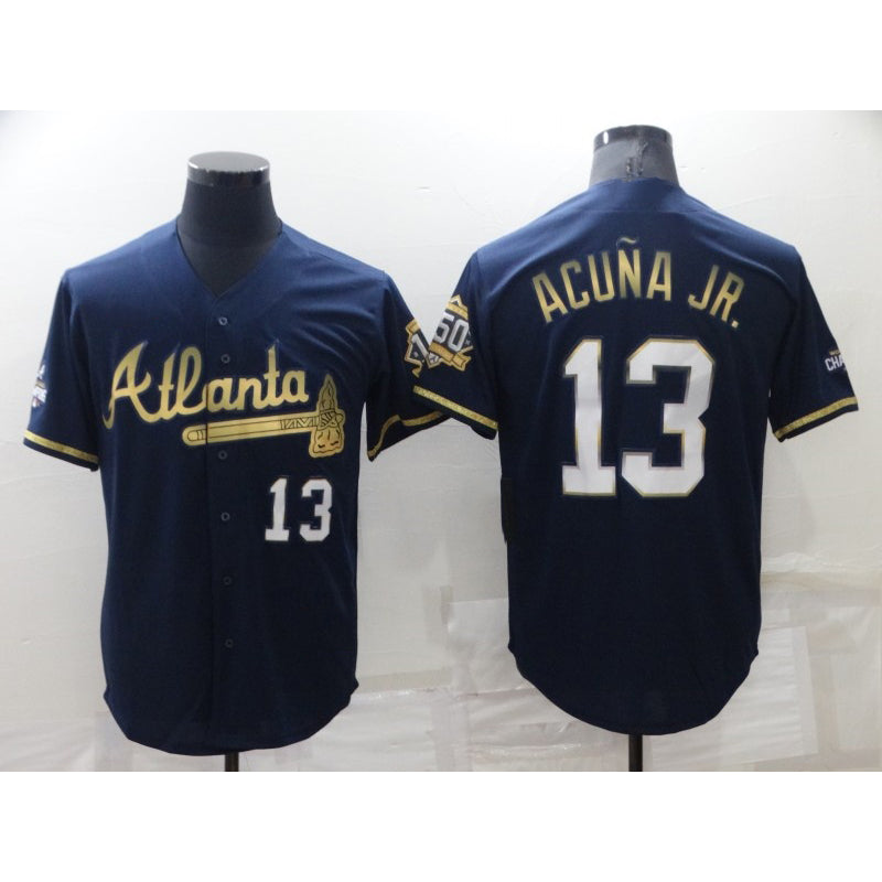 Atlanta Braves #13 Ronald Acuna Jr Navy Blue RONA 2021 World Series Champions Golden Edition Stitched Cool Base Jersey