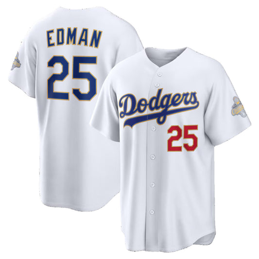 Los Angeles Dodgers #25 Tommy Edman White RONA 2026 Gold Collection Stadium Jersey