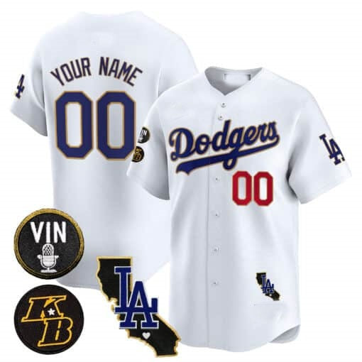 Custom Los Angeles Dodgers Vin Patch & Kobe Bryant Gold Trim Vapor Premier Limited Jersey V2 ¨C White RONA