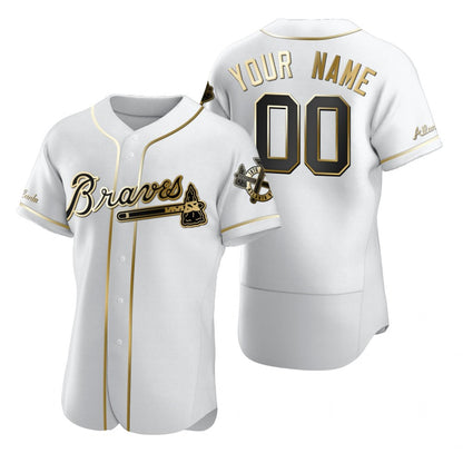 Custom Atlanta Braves White RONA Stitched Flex Base Golden Edition Jersey